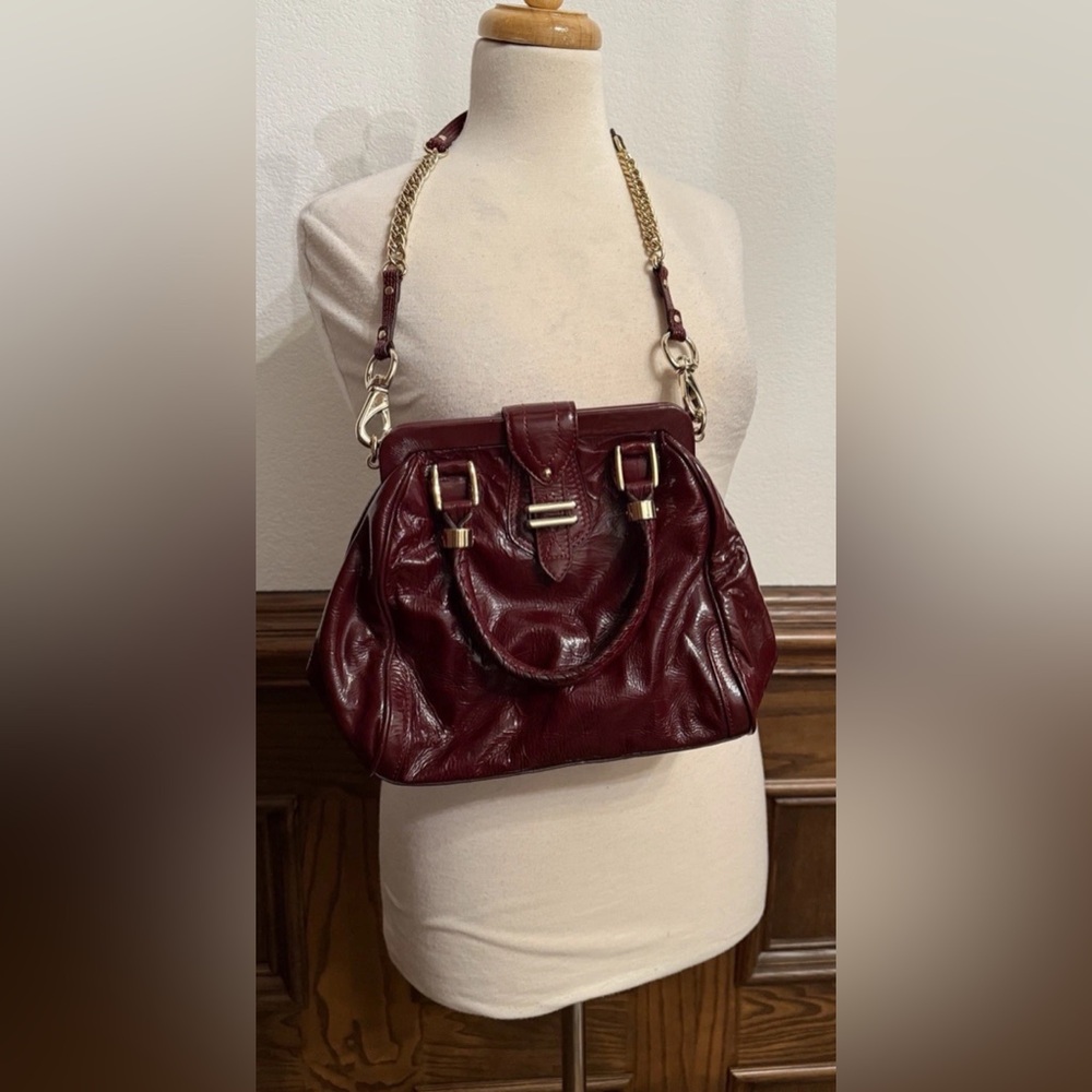 Vintage Cole Haan Burgundy Red Patent Leather Bag Purse Gold Accents